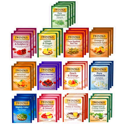Twinings Herbal Tea Variety Pack - 40 Individually Wrapped Herbal Tea Bags Variety Pack Sampler, 13 Flavors, Caffeine Free (1 Count (Pack of 40))