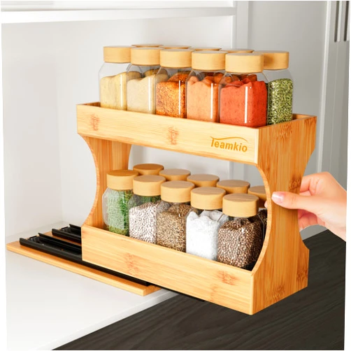 Teamkio Bamboo Spice Rack Organizer for Cabinet, 2-Tier Pull Out Spice Rack, Tool-Free Install Slide Out Vertical Seasoning Spice Organizer for Kitchen Cabinet（Bottles not included