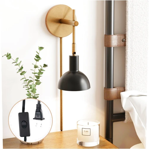 Nathan James Tamlin Wall Light Fixture, Wall Mounted 1-Light Lamp, Plugin Sconce with On/Off Switch for Living Room, Reading Nook or Bedroom, Vintage Brass/Matte Black