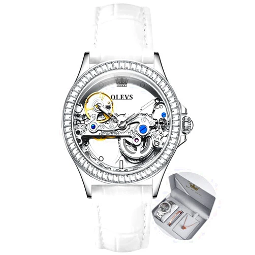 OLEVS Women Watch Skeleton Set Automatic Mechanical Silver Luxury Dress Waterproof Luminous Lady Watch Gift Set
