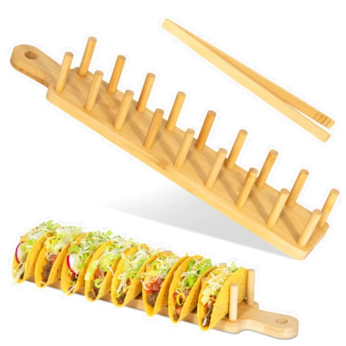 Alex & Eve Home Bamboo Taco Tray with Tong, Sold ONLY by ALEX & EVE HOME, Taco Holder Holds 8, Taco Shell Holder. Design Allows for Multi-Use Food Tray, Charcuterie Tray. Great Housewarming Gift & Kitchen Accessory.