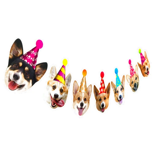 Silvima Dogs Birthday Garland, Funny Corgi Face Portrait Birthday Banner, Dog Bday Bunting Decoration