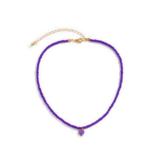 Azusa Sun Boho Heart Beaded Choker Necklace Love Heart Summer Beach Colorful Beaded Pendant Necklace For Women Fashion Jewelry Gift （Purple）