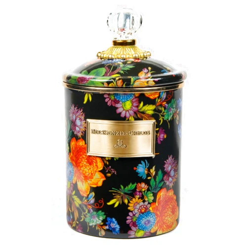 MACKENZIE-CHILDS Black Flower Market Enamel Canister, Floral Kitchen Storage Container with Lid, Medium