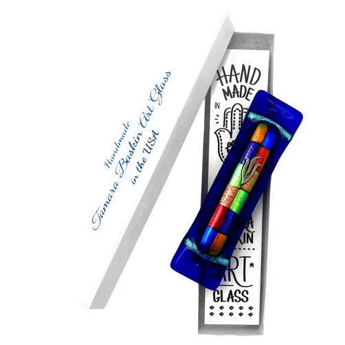 Tamara Baskin Art Glass Twelve Tribes Mezuzah - Midnight Blue Art Glass with Twelve Shimmering Fused Glass Gift Box and Non-Kosher Scroll Included HAND MADE IN THE USA