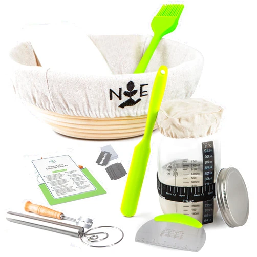 Nurtured Effect Sourdough Starter Kit - Sourdough Kit with Glass Sourdough Starter Jar, Natural Rattan Banneton Bread Proofing Basket, Bread Lame & More - Sourdough Bread Baking Supplies (Round)
