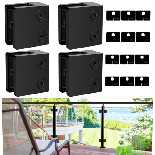 Gyykzz 4 Pack Black Glass Clamp for Glass Balustrade 304 Stainless Steel Square Flat Back Glass Brackets for Glass Railing Heavy Duty 45x45mm Glass Bracket for 1/3 