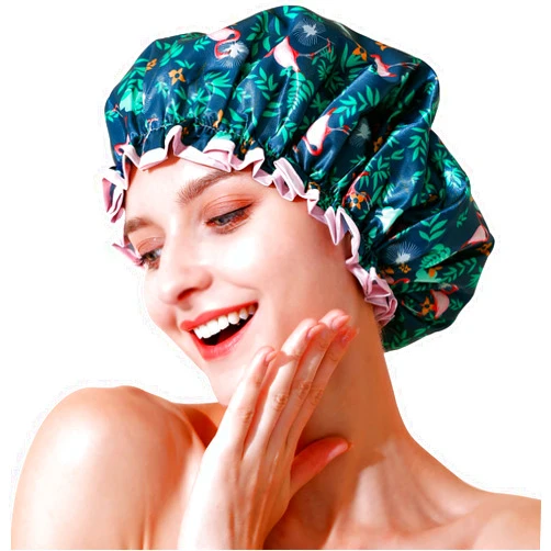 BEAUTAIL Shower Cap, Reusable Bath Shower Caps for Women Long Hair, Double Layer Waterproof Bathing Shower Hat Hair Protector for Kids Girls Men, Flamingo, 1 Pack