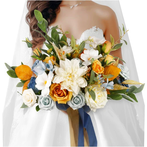 BENCENTRE 14 Inch Dusty Blue and Mustard Bridal Bouquet,Wedding Bouquet,for Wedding Ceremony Anniversary, Party and French Rustic Vintage Wedding, Garden Wedding,Artificial Flowers