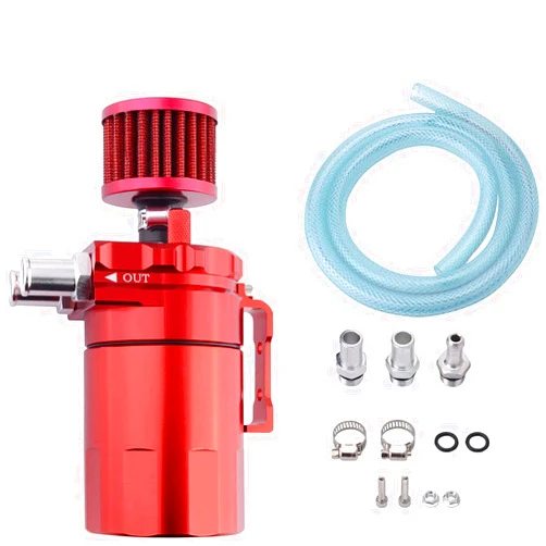 ZFBB Universal Aluminum Oil Catch Can Polish Baffled Reservoir Tank Red with Breather Filter 300ml