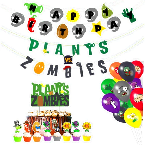 TGE-V Plants Play Zombies Theme Birthday Party Decoration Set - HAPPY BIRTHDAY Banner, Zombies Banner, Cake Topper, Cupcake Topper, PVSZ Balloon for Zombies Birthday Party Supplies,Kids Room Decor,59Pcs All
