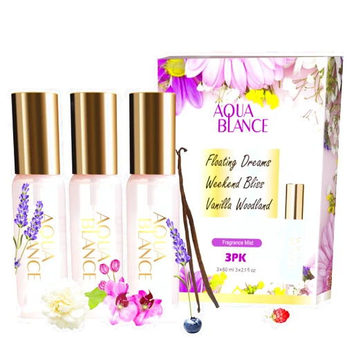 AQUA BLANCE Body Spray Set for Women, Each 60ml/2.1 FlOz, Travel Size Womens Fragrance Body Spray, Three Scents - Vanilla Woodland, Lavender, Jasmine Raspberry
