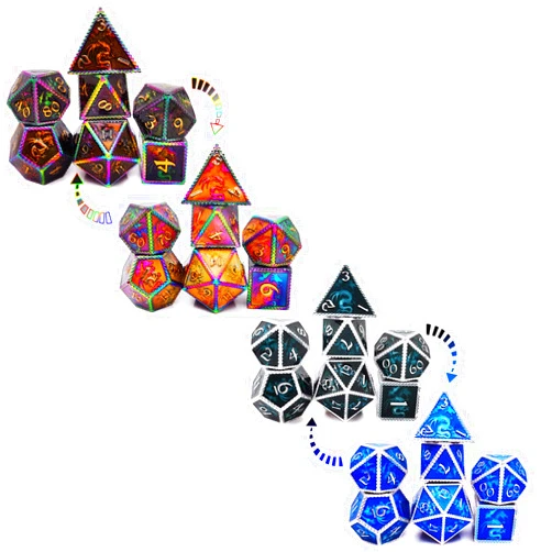 HAOMEJA Color Changing Temperature Metal Dragons DND dice 14 Set (Black Transition Colourful+ Blue)