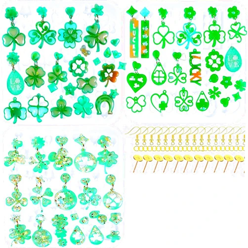 XBYzuzi 3 Pack St. Patrick's Day Resin Earring Molds Shamrock Earring Silicone Molds Irish Four-Leaf Clover Casting Epoxy Earring Resin Molds with 150 Earring Hook Kit for DIY Crafts Jewelry Making Keychains