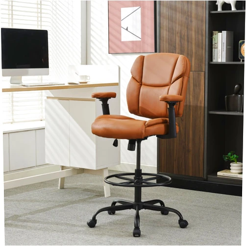 Okeysen Drafting Chair Standing Desk Chair, 500 LBS Leather Big and Tall Office Chair with Adjustable Armrests & Foot Ring, Modern Tall Desk Chair with Mid Back, Swivel Rolling Drafting Stool.