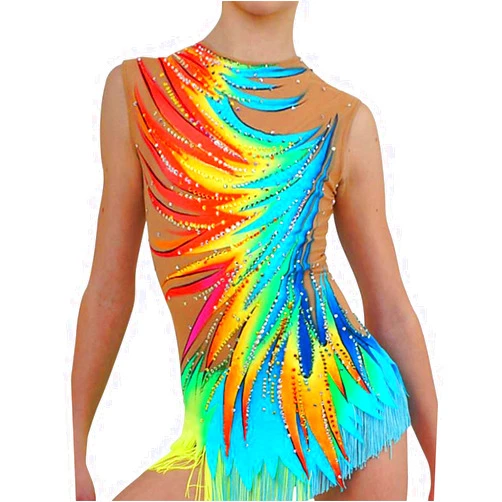 LIUHUO Women's Dance Rhythmic Gymnastics Leotards Girls Colorful Diamond Tassels Competition Performance
