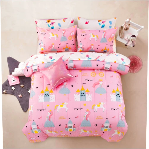 A Nice Night Pink Princess Comforter Set,Bed in A Bag Twin Size 6 Piece Princess Tales Castle Carriage Bedding Set for Girl,Kids