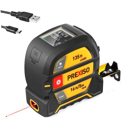 PREXISO 2-in-1 Laser Tape Measure - NOT DIGITAL TAPE - 135Ft Rechargeable Laser Measurement Tool & 16Ft Measuring Tape Movable Magnetic Hook - Pythagorean, Area, Volume, Ft/Ft+in/in/M Unit-NOT Digital
