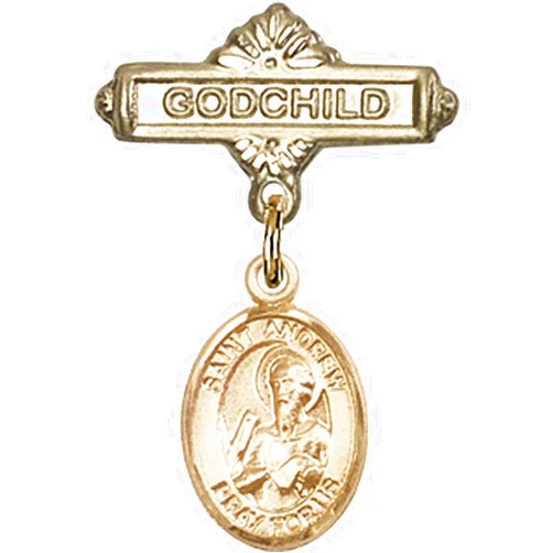 Unknown Gold Filled Baby Badge with St. Andrew The Apostle Charm and Godchild Badge Pin 1 X 5/8 inches