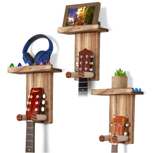 Keebofly Guitar Wall Mount,3 Pack Guitar Wall Hangers Guitar Stand Wall with Pick Holder Guitar Rack for Acoustic or Electric Guitars,Ukulele,Bass,Mandolin,Rustic Wood Brown,[Patented]