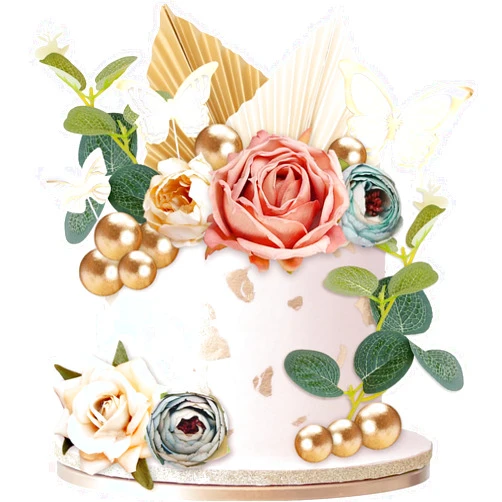 SPOKKI 34 Pack Cake Decorations, SPOKKI Birthday Cake Toppers with Artificial Flower Leaves Palm Fan Cake Decorations, Mini Gold Balloon Cake Topper for DIY Cocomelon Party Wedding Crown Cake topper