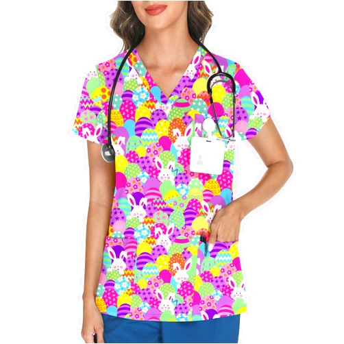 LOMON Scrubs for Women V Neck Printed Scrub Tops Soft Knit Nurse Uniform Shirts with 3 Pockets