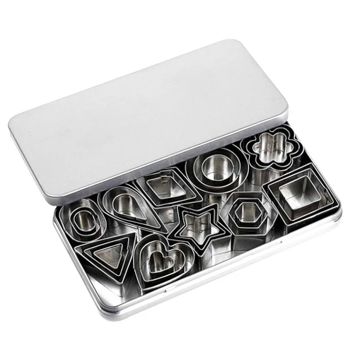 GELIFATLE Mini Cookie Cutter Set, 30 Tiny Stainless Steel Cookie Stamps of Rectangle Square Heart Star Triangle Round Tiny Circle for Out Pastry Dough, Pie Crust & Fruit, Fondant