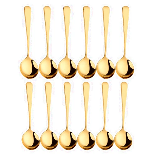BISDARUN Broth Round Spoon Set, 12-Piece Reusable Stainless Steel Dinner Table Cereal Soup Spoon, Camping Ramen Spoons Gold