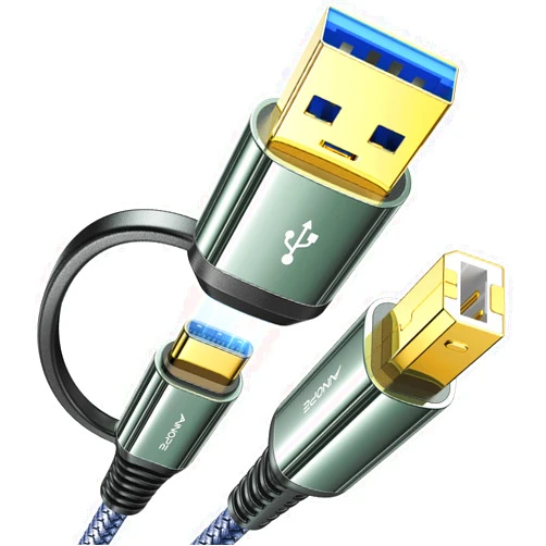 AINOPE Printer Cable, 2-in-1 USB Printer Cable High-Speed 10FT Nylon Braided [Never Rupture] USB B to USB C Printer Cord for MacBook Pro/Air, HP Canon Dell Epson Brother