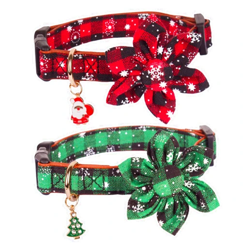 ADOGGYGO Christmas Dog Collar with Flower, Plaid Dog Christmas Collar with Removable Floral Adjustable Christmas Collars for Medium Dog (Medium)