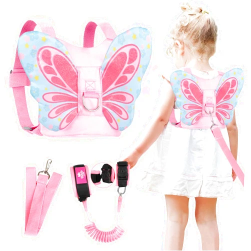 Lehoo Castle Toddlers Leash for Walking + Key Lock Design Anti Lost Wrist Link, 3 in 1 Baby Leash Kids Wrist Link for Toddlers, Safety Harness Belt Strap Wristband (Pink Butterfly Girls Leash)