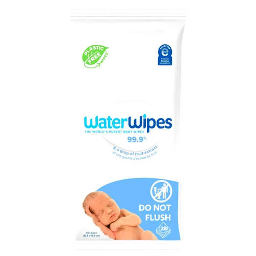 WaterWipes Plastic-Free Original Baby Wipes, 99.9% Water Based Wipes, Unscented & Hypoallergenic for Sensitive Skin, 28 Count (Pack of 1), Packaging May Vary