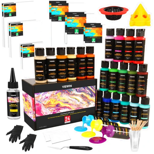 VISWIN Acrylic Pouring Paint Set, 24 Bottles (2.03oz/60ml), Pre-Mixed High Flow Artist Pouring Paint Kit with Silicone Oil, Cups, Gloves, Canvas, Painting Art Supplies
