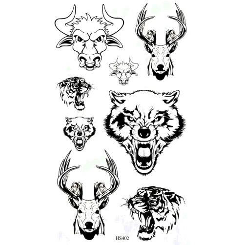 MeGaDee Waterproof Tattoo Cartoon Animal Head Buffalo Tiger Wolf Deer 4X8 in MEGADEE Tattoo Sticker Body Arm Leg Body Art Beauty Makeup Cool Removable Waterproof Tattoo Sticker Great as Happy Gift (Tattoo Sticker 053)