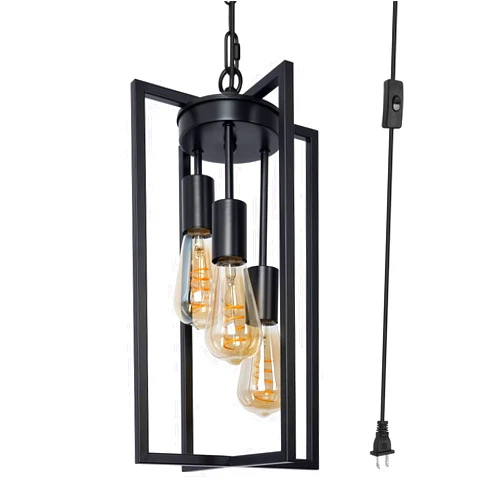 Z ZOSIMIO LIGHT Black Industrial Plug in Pendant Lighting with 17.8ft Cord, Farmhouse Metal Cage Hanging Light Fixture for Kitchen Island, Dining Room, Entryway, Foyer (3-Light)