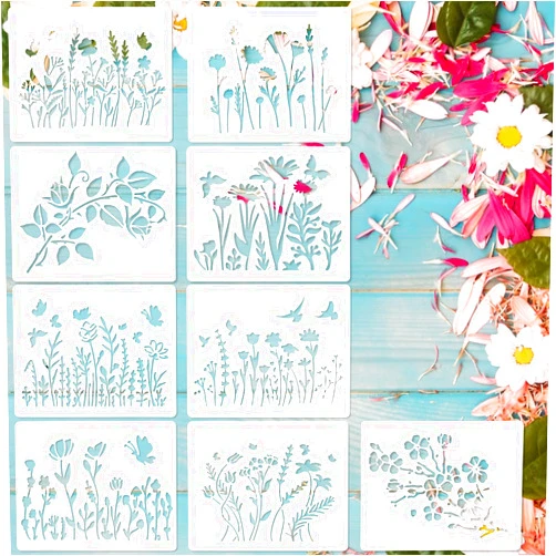 Amaxiu Flower Stencils for Painting, 9 PCS Reusable Floral Stencil Wildflower Stencils Spring Stencils Drawing Templates Stencils DIY Craft Template for Painting Furniture DIY Home Decor, 5 x 6Inch