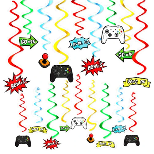 WERNNSAI Watercolor Video Game Hanging Swirl - 28 PCS Video Game Party Decorations for Boys Kids Game Theme Birthday Party Supplies Hanging Whirls Streamer Spiral Garlands Ceiling Decor