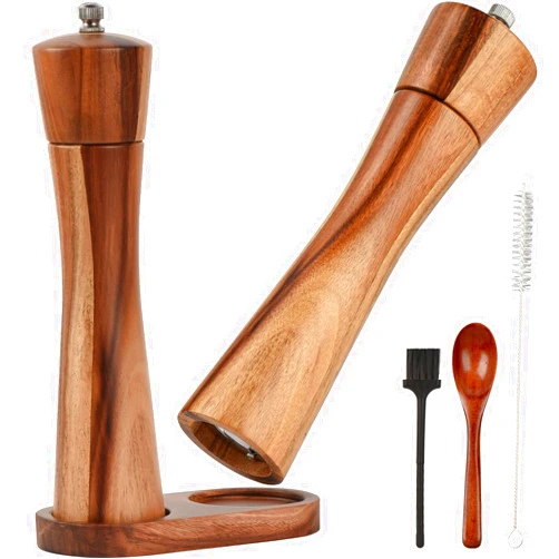 JOYCEMALL 10.5 inch Wood Salt and Pepper Grinder Set, JOYCEMALL Set of 6 Manual Salt and Pepper Grinder with Ceramic Grinding Rotor - Pepper and Salt Mill, Wooden Standing Tray, 2 Cleaning brushes, Spoon