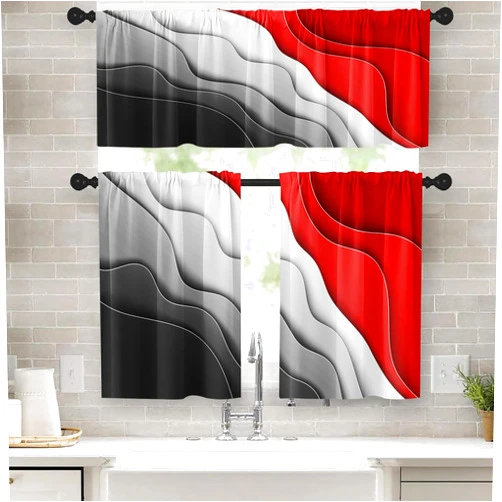 Emvency 36 Kitchen Curtains Abstract Black White and Red Window Curtains and Valances Set of 3 Modern Art Background Short Tier Curtain Vintage Small Kitchen Decor