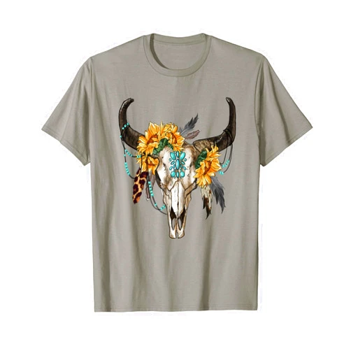 Western Boho Sunflowers Bull Skull Western Boho Sunflowers Turquoise Cow Bull Skull T-Shirt