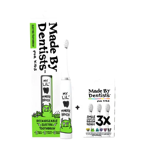 Made by Dentists Kids Electric Toothbrush - Rechargeable Vibrating Toothbrush with Timer, Includes 6 Replacement Heads, Gently Cleans Teeth, for Girls and Boys, Kids & Toddlers Age 2+, Cool Monster