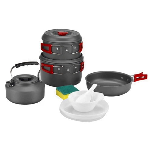 Bulin 13Pcs Camping Cookware Mess Kit, Nonstick Backpacking Cooking Set, Outdoor Cook Gear for Family Hiking, Picnic Lightweight Cookware Sets(Kettle, Pots, Frying Pan, BPA-Free Bowls, Plates, Spoon)