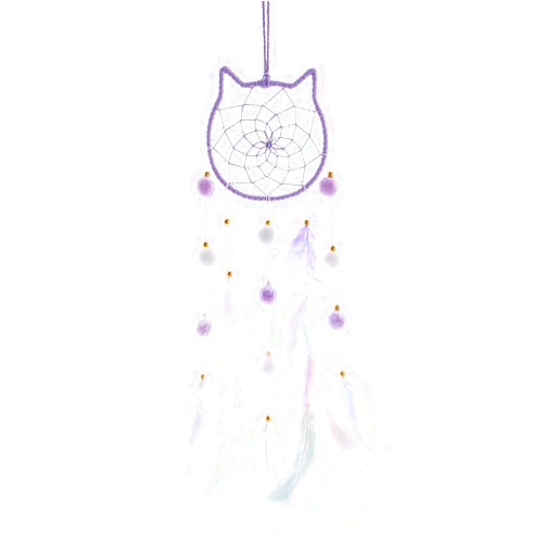 Pretty Jolly Purple Cat Kids Dream Catcher Wall Decor Pompom Feather Baby Dreamcatcher Handmade Children Dream Catcher Home Décor Wall Hanging for Nursery Bedroom Boys Girls Birthday Gift-25.6in