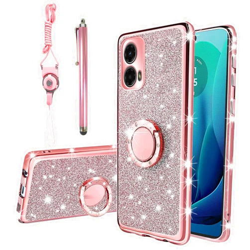 KuDiNi for Motorola Moto G 5G 2024 Case, Moto G-5G 2024 Case for Women Glitter Crystal Soft Clear TPU Luxury Bling Protective Cover with Kickstand Strap for G 5G 2024(not 2023) (Glitter Rose)