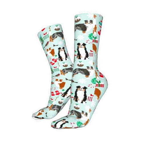 Chegna Australian Shepherd Christmas Cute Aussie Dogs Athletic Socks Sport Running Calf Socks Performance Cushioned Breathable Crew Socks for Men Wome, Black, One Size