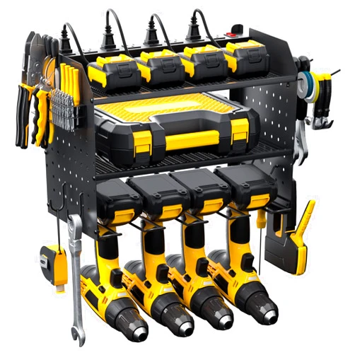 GEEKBEE Power Tool Organizer with Charging Station, Heavy Duty 4 Layer Drill Holder Wall Mount, Power Tool Holder with 8 Outlet Power Strip, Tool Shelf with Hooks, Drill Bit Rack for Garage, Black