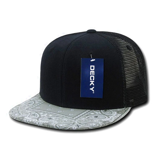 DECKY Paisley Bandana Print Flat Bill Trucker Mesh Snapback Cap - Black Grey