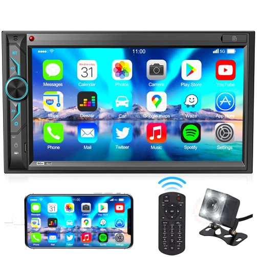 SOUNDKITS Double Din Car Stereo with Bluetooth: 7inch HD Car Multimedia Receiver – Car Audio MP5 Player | LCD Capacitive Touchscreen | Phonelink | Backup Camera | USB/SD/AUX Input | AM FM Car Radio | SWC