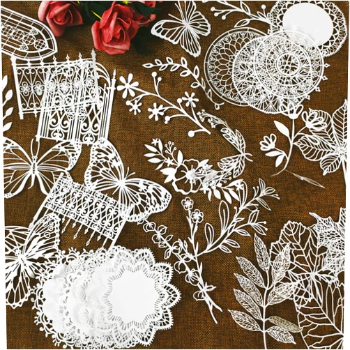 KKONHII 40 Pcs Vintage Cutout Lace Scrapbook Paper Leaves, Frame, Flowers, Butterfly White Cutout Decorative Paper DIY Craft Paper Stationery for Junk Bullet Journaling Supplies