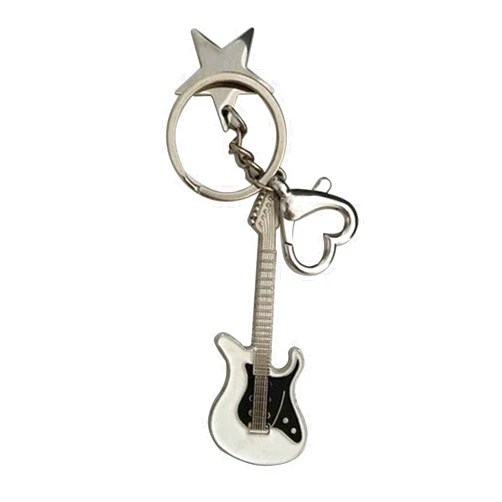 YOOYEH Guitar Keychain, Metal Bass Guitar Pendant Key Chain with Mini Pentagram and Heart, Fashionable Unisex Guitar Star Keychain, Y2K Unique Keychain for Car Keys Backpack (White base)